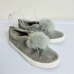 Steve Madden Grey Pom Pom Poof Embellished Suede Slip-on Jaeda Sneakers Shoes